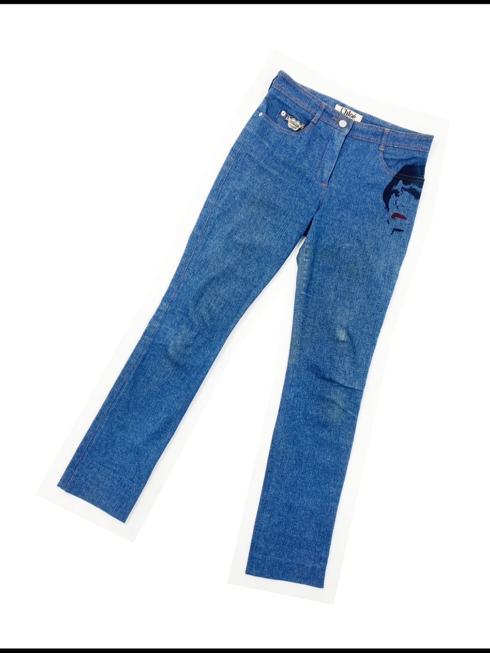 Chloe 2001 Fall/Winter Runway Face Print Blue Straight-Leg Jeans